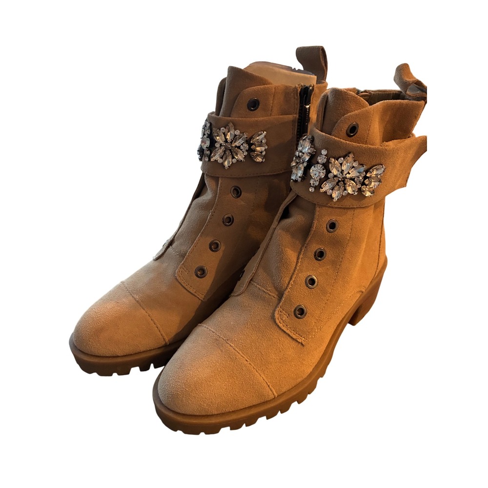 Karl Lagerfeld Paris Crystal Embellished Suede Combat Boots Tan Lug Sole no lace